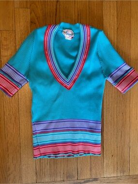 Vintage Giamo Turquoise V-Neck Ribbed Top with Multi-Color Stripes y2k